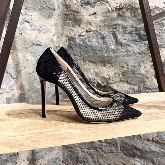 Jimmy Choo Black Patent Romy Mesh 100 Pumps - Picture 1 of 11